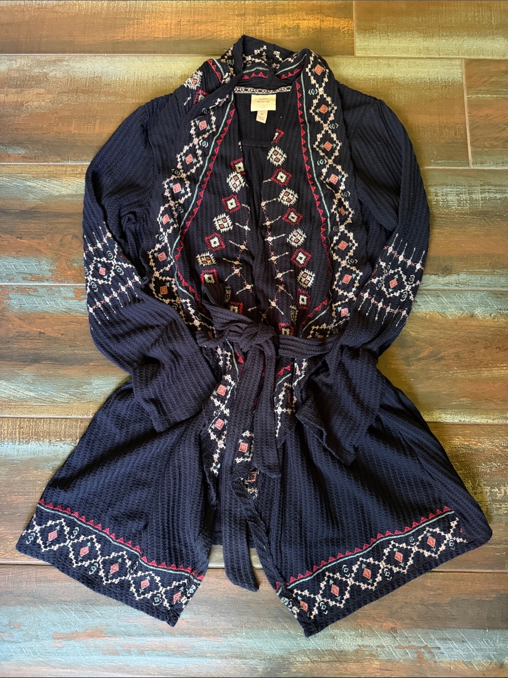 Knox Rose Navy Open-Front Belted Cardigan with Pink & Cream Embroidery Size M